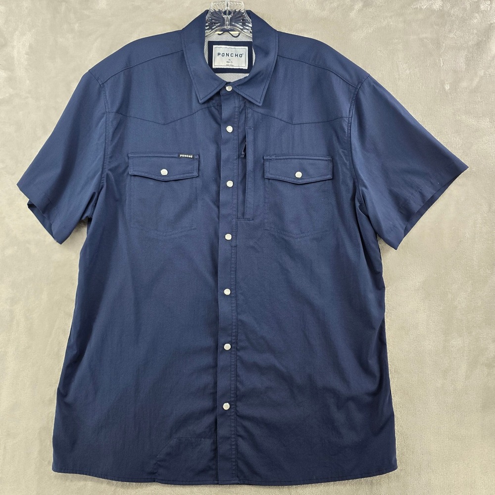 Poncho Shirt Mens XL Navy Blue Short Sleeve Pearl Snap Western Slim Fit Utility